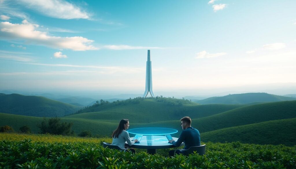 A serene and expansive digital landscape, with rolling hills of lush, verdant vegetation and a tranquil, azure sky overhead. In the foreground, a group of individuals seated around a table, engaged in thoughtful discussion and content moderation, their faces illuminated by the soft glow of holographic displays. In the middle ground, a towering, futuristic structure rises, its sleek, minimalist design evoking a sense of technological sophistication. The overall atmosphere is one of calm, purposeful collaboration, where the curation and distribution of digital content is handled with care and attention to detail, reflecting the values of the Bluesky network.