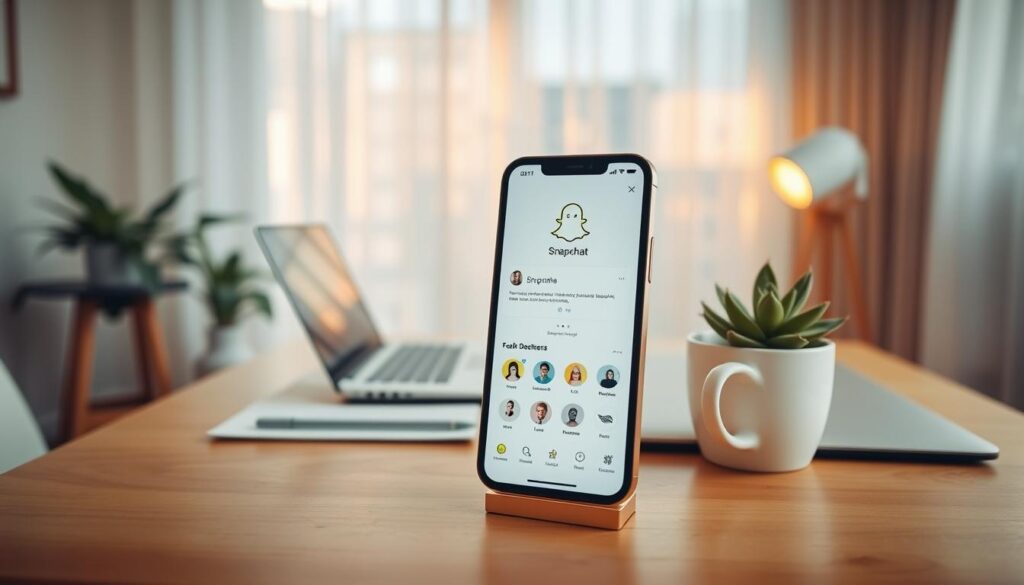 A serene and inviting Snapchat profile setup. The foreground features a smartphone display with the Snapchat app open, showcasing the profile screen. The user's avatar, username, and various profile customization options are visible. In the middle ground, a minimalist desk setup with a stylish laptop, a cozy mug of coffee, and a succulent plant, all bathed in warm, natural lighting. The background depicts a tranquil indoor space with soft, diffused lighting filtering through sheer curtains, creating a calming ambiance. The overall scene exudes a sense of personal style, productivity, and the excitement of exploring the Snapchat platform.