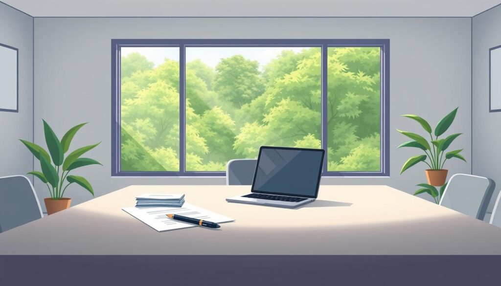 A serene and professional office setting, with a large desk in the foreground. On the desk, a laptop, a pen, and a stack of documents, symbolizing the process of ethical link acquisition. The middle ground features a large window overlooking a lush, green outdoor landscape, creating a sense of balance and tranquility. Soft, diffused lighting illuminates the scene, casting gentle shadows and highlights. The atmosphere conveys a sense of focused productivity and environmental responsibility, reflecting the essence of the "Ethical link acquisition and content promotion that scales" section.