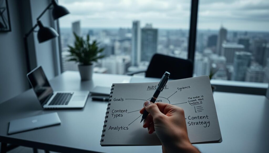 A serene, dimly-lit office setting with a minimalist desk, a laptop, and a potted plant. In the foreground, a hand holds a pen, poised over a notebook with a mind map sketched out, illustrating the key elements of a content strategy - audience, goals, channels, content types, and analytics. The background features a large window overlooking a cityscape, creating a sense of contemplation and strategic planning. The overall mood is one of focus, creativity, and a well-thought-out approach to content.