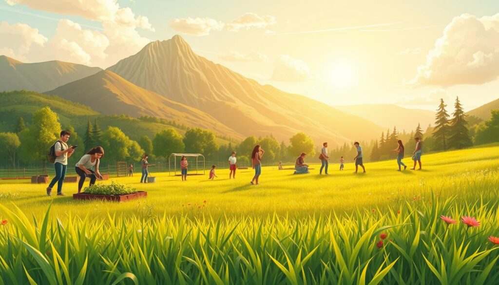 A serene landscape with a lush, verdant meadow in the foreground. In the middle ground, a group of diverse individuals engage in sustainable activities like gardening, composting, and recycling. The background features a picturesque mountain range bathed in warm, golden sunlight, symbolizing a hopeful, eco-friendly future. The scene is captured with a wide-angle lens, conveying a sense of inclusivity and community. The overall mood is one of harmony, education, and environmental responsibility, encouraging the viewer to embrace sustainable practices in their own lives.
