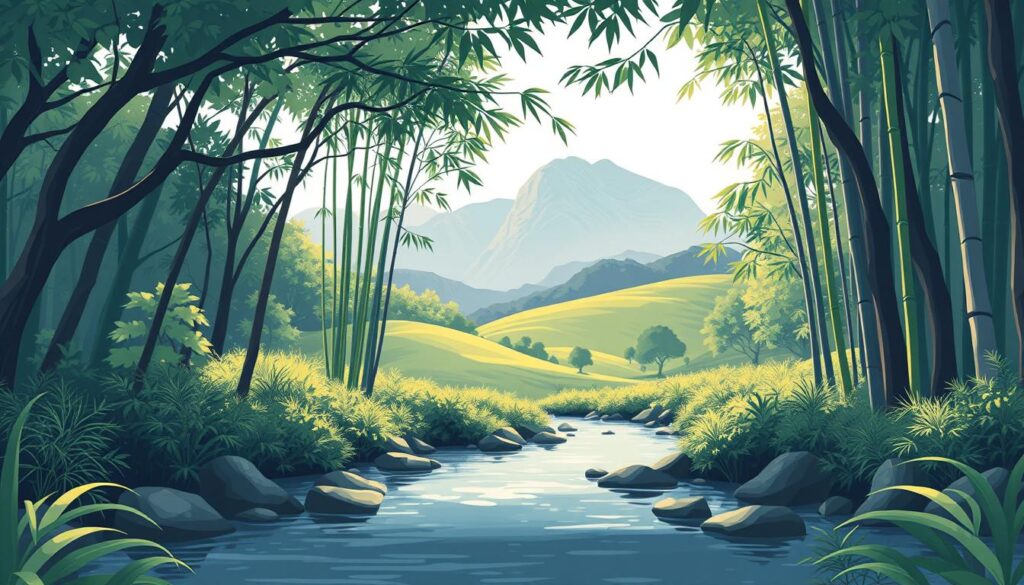 A serene, minimalist visual landscape with a focus on natural textures and organic forms. In the foreground, a lush forest canopy casts soft, dappled light onto a peaceful stream, its waters gently rippling. The middle ground features a rolling hillside adorned with towering, graceful bamboo stalks swaying in a gentle breeze. In the distance, a mountain range stands tall, its peaks shrouded in a hazy, atmospheric mist. The overall scene conveys a sense of harmony, tranquility, and a reverence for the natural world, captured through a wide-angle lens with a shallow depth of field.