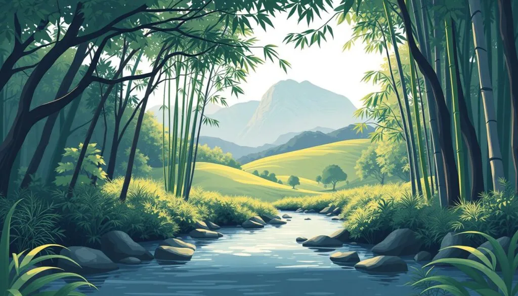 A serene, minimalist visual landscape with a focus on natural textures and organic forms. In the foreground, a lush forest canopy casts soft, dappled light onto a peaceful stream, its waters gently rippling. The middle ground features a rolling hillside adorned with towering, graceful bamboo stalks swaying in a gentle breeze. In the distance, a mountain range stands tall, its peaks shrouded in a hazy, atmospheric mist. The overall scene conveys a sense of harmony, tranquility, and a reverence for the natural world, captured through a wide-angle lens with a shallow depth of field. A serene, minimalist visual landscape with a focus on natural textures and organic forms. In the foreground, a lush forest canopy casts soft, dappled light onto a peaceful stream, its waters gently rippling. The middle ground features a rolling hillside adorned with towering, graceful bamboo stalks swaying in a gentle breeze. In the distance, a mountain range stands tall, its peaks shrouded in a hazy, atmospheric mist. The overall scene conveys a sense of harmony, tranquility, and a reverence for the natural world, captured through a wide-angle lens with a shallow depth of field.