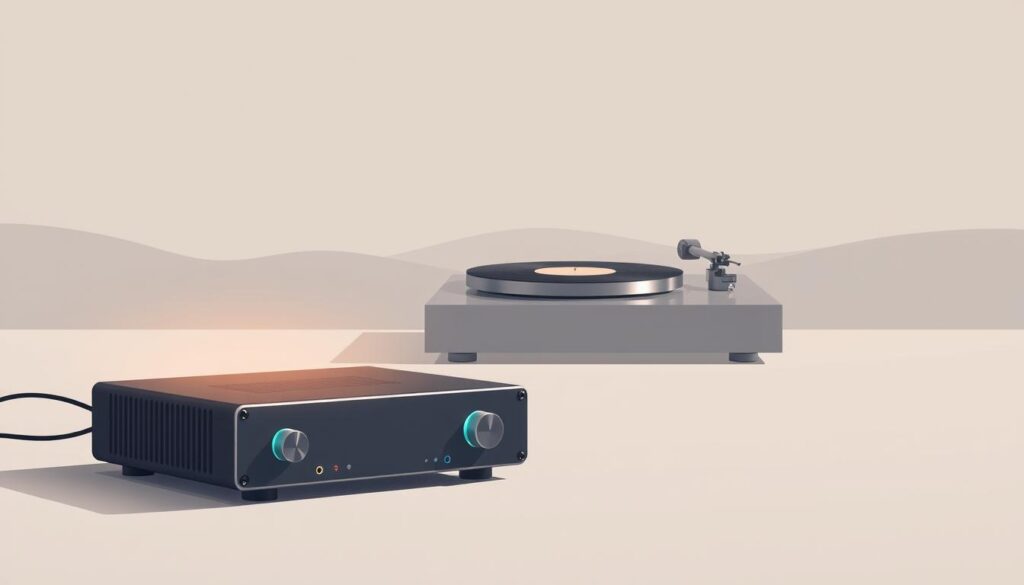 A serene, minimalist visual representation of the concept of "original sound". In the foreground, a sleek, modern audio amplifier emits a soft, ambient glow, symbolizing the essence of pure, unaltered audio. The middle ground features a high-fidelity turntable, its vintage design a nod to the analog origins of music production. The background is a muted, atmospheric landscape, evoking a sense of tranquility and focus, allowing the viewer to fully immerse themselves in the experience of listening to the original, unadulterated sound. Soft, directional lighting casts subtle shadows, heightening the minimalist aesthetic and emphasizing the simplicity of the core elements. The overall composition conveys a sense of timelessness, where technology and tradition coexist in harmony, reflecting the core principles of "original sound".