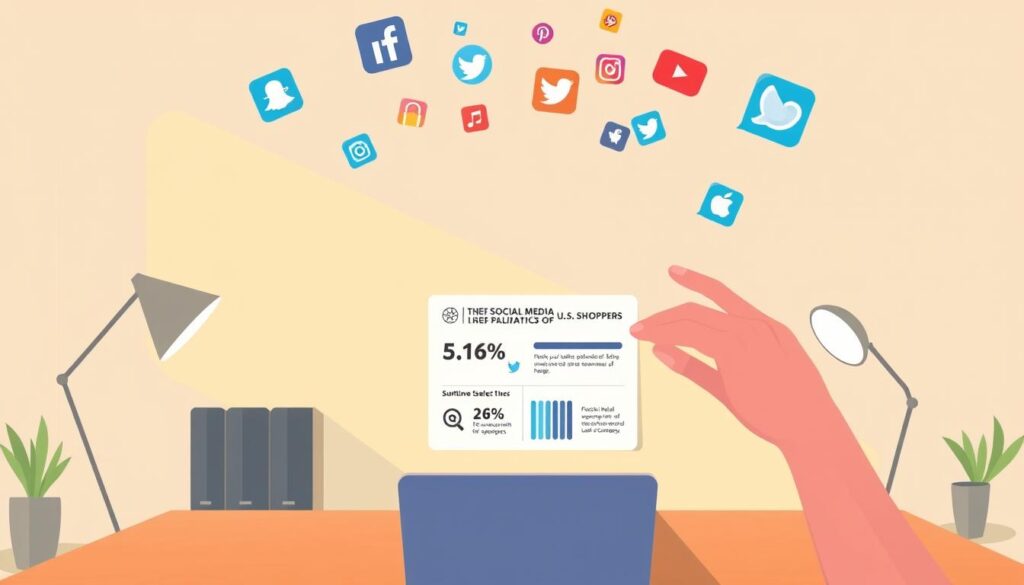 A serene office setting with a minimalist desk, laptop, and various social media app icons floating above. Warm, diffused lighting casts a welcoming glow, creating a sense of focus and contemplation. In the foreground, a hand hovers over the laptop, representing the thoughtful selection of the right platforms. The middle ground features a concise infographic showcasing key social media usage statistics for U.S. shoppers. The background subtly fades into a neutral, calming palette, allowing the central elements to take center stage. The overall mood conveys a balanced, professional approach to optimizing social media strategies for e-commerce success.