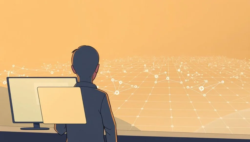 A serene, privacy-forward digital landscape. In the foreground, a faceless figure navigates a minimalist interface, their personal data secured behind sleek, translucent panels. The middle ground features a network of interconnected nodes, each representing a targeted ad impression, flowing with precision through a grid-like structure. In the background, a soft, ambient glow emanates, hinting at the complex algorithms powering this cookieless, consent-driven advertising ecosystem. The scene is bathed in a warm, muted color palette, conveying a sense of trust and transparency. Crisp, high-resolution details bring this vision of privacy-preserving programmatic buying to life. A serene, privacy-forward digital landscape.
