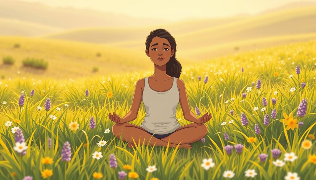 A serene, sun-dappled meadow with lush, undulating grasses and wildflowers in soft hues of lavender, yellow, and white. In the foreground, a person sits cross-legged, their face calm and open, hands resting palms-up on their thighs. Warm, diffused light bathes the scene, creating a sense of tranquility and trust. The background fades into a hazy, out-of-focus landscape, emphasizing the central figure's introspective pose. The overall mood is one of vulnerability, authenticity, and inner peace.