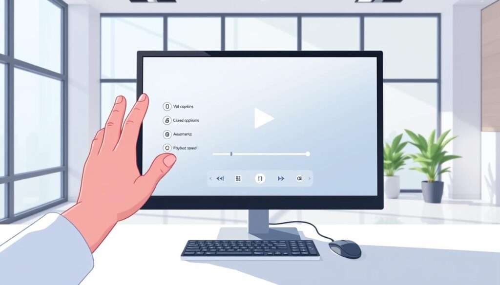 A serene, well-lit office setting with a large, modern computer monitor displaying video playback controls. In the foreground, a hand gestures towards the screen, highlighting the accessibility features like closed captions, volume adjustments, and playback speed options. The middle ground features a stylish, minimalist desk setup with a wireless keyboard and mouse, complementing the sleek, high-contrast design of the monitor interface. The background showcases floor-to-ceiling windows, allowing natural light to flood the space and creating a calming, productive atmosphere. The overall composition emphasizes the importance of inclusive, mobile-friendly video experiences that cater to diverse user needs.