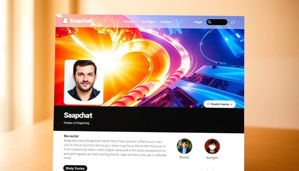 A sleek and modern Snapchat public profile page, with a clean and minimalist design. The main focus is a large cover image showcasing an eye-catching, high-quality photograph of a dynamic, visually-engaging scene. The profile picture is a crisp, professional-looking headshot of the user. The bio section is concise and compelling, highlighting the user's personality and interests. The icons for Snapchat's features, such as Stories and Spotlight, are prominently displayed, inviting the viewer to explore further. The layout is balanced and responsive, with smooth transitions and a cohesive aesthetic. Warm, natural lighting from a slightly high angle creates depth and dimension, while a shallow depth of field keeps the focus on the essential elements. The overall impression is one of a well-curated, visually-captivating Snapchat presence.