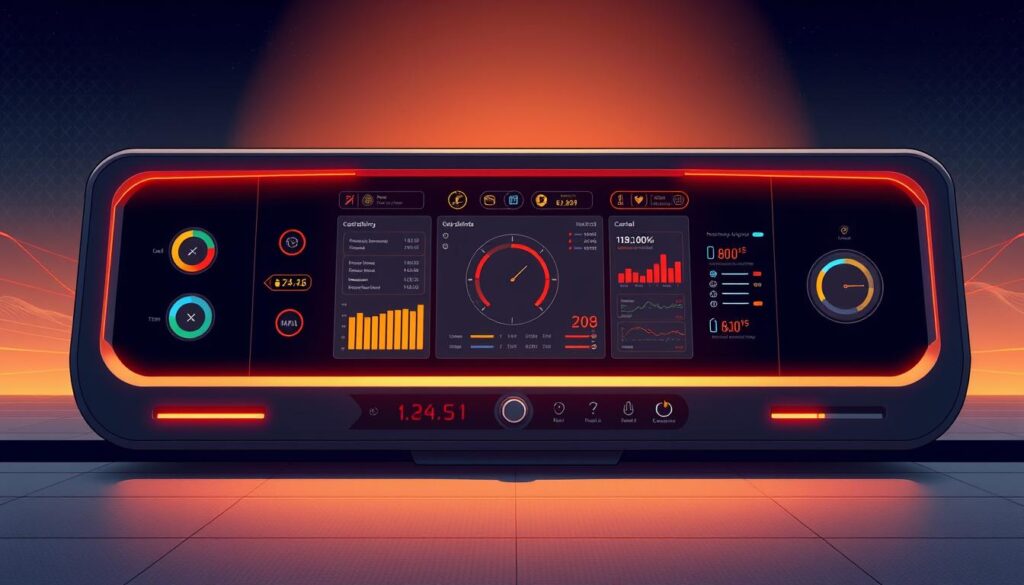 A sleek and modern control panel with a central dashboard displaying various feedback signals and metrics. The panel is illuminated by warm, diffused lighting, creating a sense of clarity and precision. The background features a minimalist, futuristic landscape with subtle grid patterns, suggesting a high-tech, AI-driven environment. The overall composition conveys a balance of intuitive controls and insightful data visualization, reflecting the theme of "Controls, troubleshooting, and feedback signals" in the article.