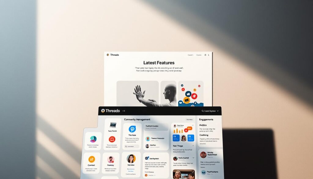 A sleek and modern digital interface showcasing the latest features of Meta's Threads platform. In the foreground, a stylized grid of app icons and interactive widgets highlighting key functionalities such as community management, content curation, and engagement analytics. The middle ground features a clean, minimalist layout with a focus on typography and information hierarchy, guiding the viewer through the platform's capabilities. The background is subtly textured, with muted tones and gentle gradients that evoke a sense of digital sophistication. Dramatic side lighting casts dramatic shadows, adding depth and dimension to the composition. The overall aesthetic is professional, streamlined, and designed to capture the essence of Threads' cutting-edge features.