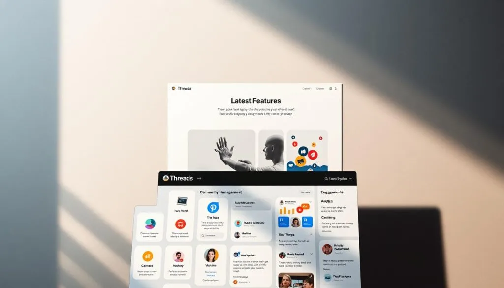 A sleek and modern digital interface showcasing the latest features of Meta's Threads platform. In the foreground, a stylized grid of app icons and interactive widgets highlighting key functionalities such as community management, content curation, and engagement analytics. The middle ground features a clean, minimalist layout with a focus on typography and information hierarchy, guiding the viewer through the platform's capabilities. The background is subtly textured, with muted tones and gentle gradients that evoke a sense of digital sophistication. Dramatic side lighting casts dramatic shadows, adding depth and dimension to the composition. The overall aesthetic is professional, streamlined, and designed to capture the essence of Threads' cutting-edge features. A sleek and modern digital interface showcasing the latest features of Meta's Threads platform. In the foreground, a stylized grid of app icons and interactive widgets highlighting key functionalities such as community management, content curation, and engagement analytics. The middle ground features a clean, minimalist layout with a focus on typography and information hierarchy, guiding the viewer through the platform's capabilities. The background is subtly textured, with muted tones and gentle gradients that evoke a sense of digital sophistication. Dramatic side lighting casts dramatic shadows, adding depth and dimension to the composition. The overall aesthetic is professional, streamlined, and designed to capture the essence of Threads' cutting-edge features.