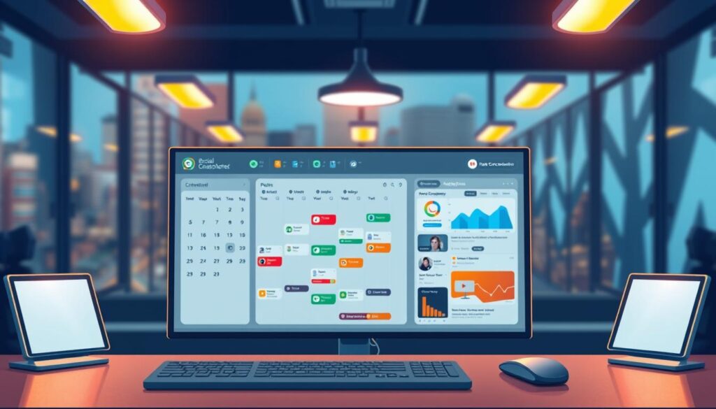 A sleek and modern social media dashboard, featuring an array of scheduling tools and analytics. In the foreground, a minimalist interface with intuitive controls and colorful icons, illuminated by warm, directional lighting. The middle ground showcases a calendar view, color-coded posts, and real-time engagement metrics displayed on crisp, high-resolution monitors. In the background, a blurred cityscape or abstract geometric patterns create a sense of depth and professionalism. The overall atmosphere is one of efficiency, productivity, and a seamless integration of social media management into the brand's content curation workflow.