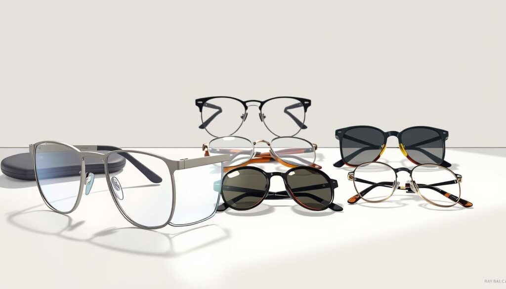 A sleek, contemporary tabletop scene depicting a side-by-side comparison of the Ray-Ban Meta smart glasses and a selection of other high-end eyewear. The Ray-Ban Meta pair sits prominently in the foreground, its refined metallic frame and discreet technological features catching the light from a softly diffused natural source. In the middle ground, a variety of fashionable prescription and sunglass frames are arranged to showcase their distinct styles and materials, inviting the viewer to evaluate the design and feature differences. The background is minimalist, with a clean white or lightly textured surface providing a neutral backdrop to the display. The overall mood is one of understated sophistication, highlighting the thoughtful engineering and aesthetic appeal of the smart glasses in relation to their more traditional counterparts.
