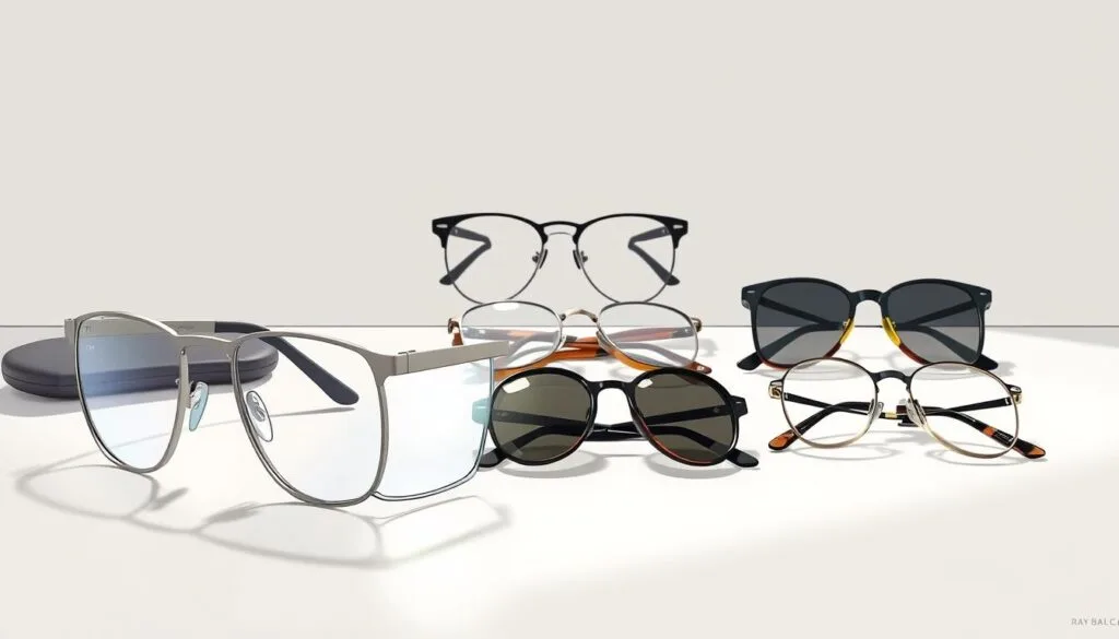 A sleek, contemporary tabletop scene depicting a side-by-side comparison of the Ray-Ban Meta smart glasses and a selection of other high-end eyewear. The Ray-Ban Meta pair sits prominently in the foreground, its refined metallic frame and discreet technological features catching the light from a softly diffused natural source. In the middle ground, a variety of fashionable prescription and sunglass frames are arranged to showcase their distinct styles and materials, inviting the viewer to evaluate the design and feature differences. The background is minimalist, with a clean white or lightly textured surface providing a neutral backdrop to the display. The overall mood is one of understated sophistication, highlighting the thoughtful engineering and aesthetic appeal of the smart glasses in relation to their more traditional counterparts.