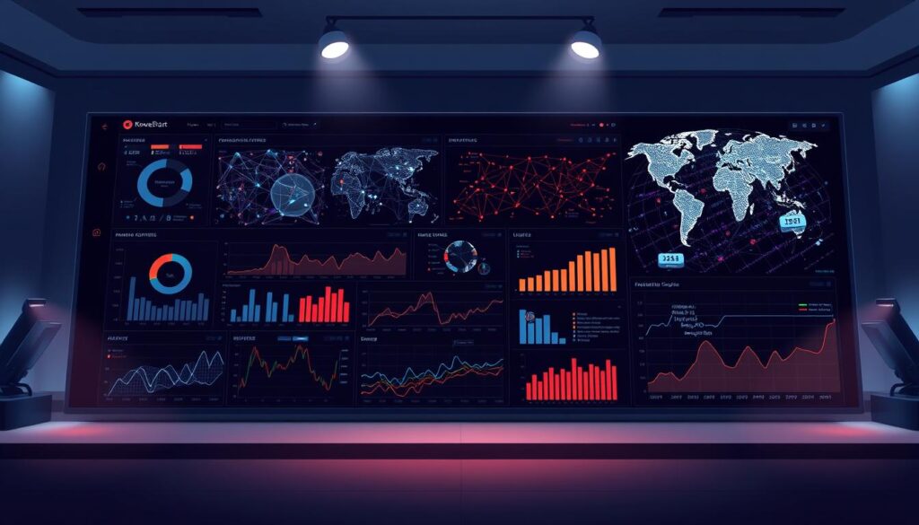 A sleek, futuristic data visualization dashboard fills the frame, showcasing a dynamic array of charts, graphs, and interactive visualizations. The layout is clean and minimalist, with a predominantly dark color scheme accentuated by bold, vibrant data points. In the background, a massive, high-resolution display shows a sprawling, complex data set, with intricate patterns and connections illuminated by a soft, ambient glow. The scene is lit by a combination of indirect, diffused lighting and subtle, strategically placed spotlights, creating a sense of depth and dimension. The overall mood is one of analytical precision, technological sophistication, and data-driven decision-making.