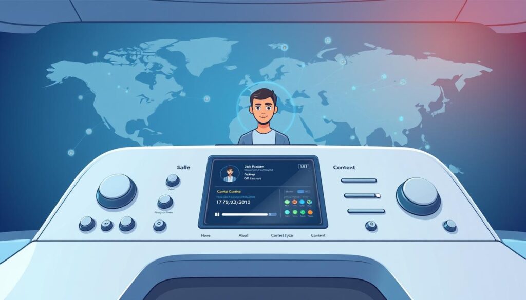 A sleek, futuristic-looking control panel with various customizable options and data visualizations. In the foreground, a central display shows a persona avatar, their interests, and content preferences. In the middle ground, interactive sliders and toggles allow fine-tuning of the AI's content curation algorithms. The background features a stylized world map with data points and connections, representing the global scale of personalized content delivery. Bright, cool-toned lighting and clean lines convey a sense of advanced technology and precision. The overall scene evokes a user-friendly, data-driven approach to implementing personalized AI content.