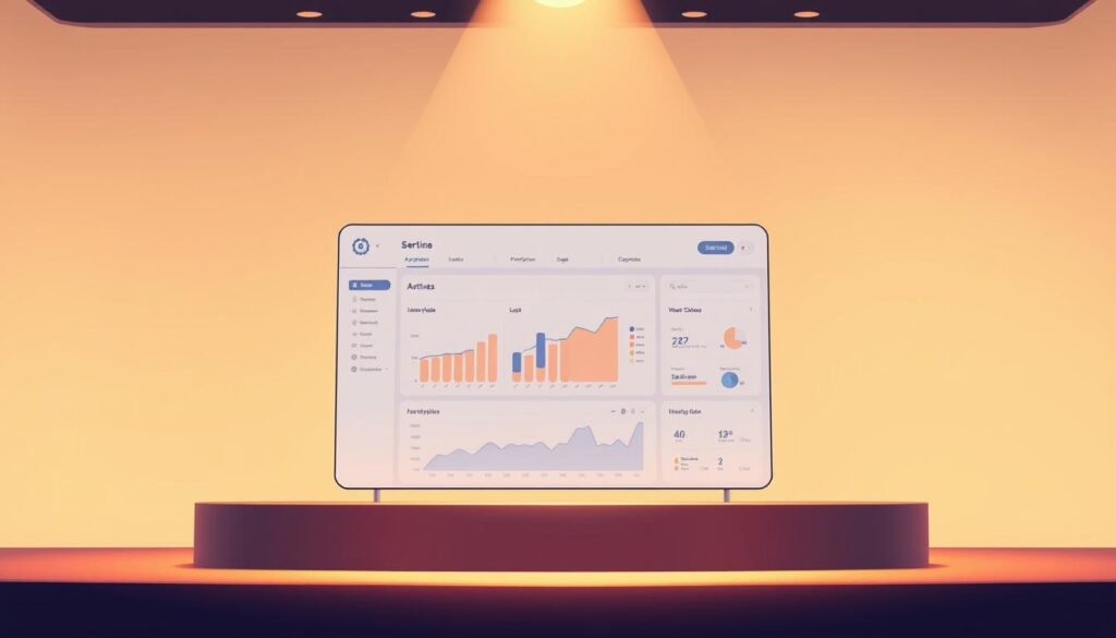 A sleek, minimalist workflow platform taking center stage, bathed in warm, diffused lighting and captured from a slightly elevated angle. In the foreground, a clean dashboard with intuitive icons and visualizations. The middle ground features stylized charts and graphs, showcasing data-driven insights. The background is a soft, blurred gradient, creating a sense of depth and focus. The overall aesthetic is modern, elegant, and streamlined, reflecting the platform's efficient and user-friendly nature.