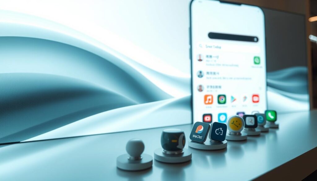 A sleek, modern WeChat super app interface showcased on a large, high-resolution display. In the foreground, prominent app icons and mini-programs are artfully arranged, hinting at the app's expansive functionality. The mid-ground features a fluid, dynamic layout with smooth transitions between sections, conveying the seamless user experience. The background has a subtle gradient or soft-focus blur, creating depth and emphasizing the app's central elements. The overall composition is clean, minimalist, and uses a cool, muted color palette to evoke a sense of sophistication and technological prowess. Bright accent colors highlight key features. Lighting is natural, slightly directional, and casts gentle shadows to accentuate the depth and dimensionality of the interface.