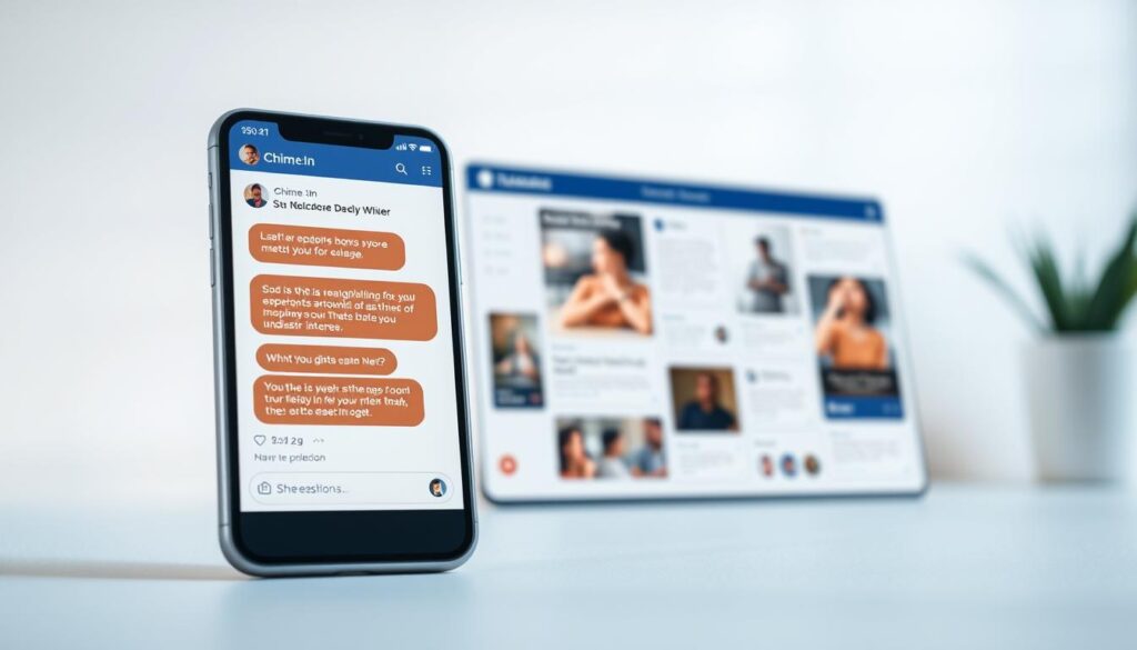 A sleek, modern conversational interface with a clean, minimalist design. The foreground features a stylized messaging window with a conversational flow, highlighting the intuitive back-and-forth of an interest-based discussion. The middle ground showcases various content cards and interactive elements, seamlessly blending visuals and text to capture the engaging nature of the Chime.In platform. The background has a subtle gradient or pattern, lending a sense of depth and sophistication to the overall composition. The lighting is soft and diffused, creating a warm, inviting atmosphere that encourages thoughtful, meaningful exchanges. The camera angle is slightly angled, providing a dynamic perspective that draws the viewer into the immersive conversational experience.