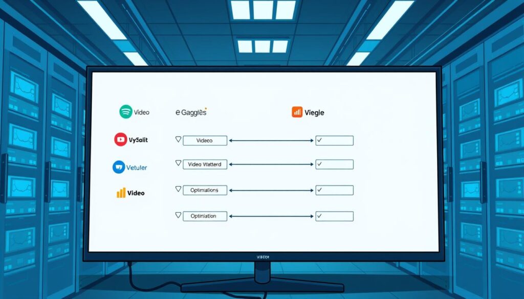 A sleek, modern data center with racks of servers humming in the background. In the foreground, a large screen displays various video platform logos and optimization settings, with lines and arrows connecting them. The lighting is a cool, blue-tinted tone, creating a sense of technological sophistication. The camera angle is slightly elevated, giving an overview of the scene. The overall atmosphere conveys the idea of efficient, platform-specific video optimization, with a focus on the technical details and capabilities required to achieve it.