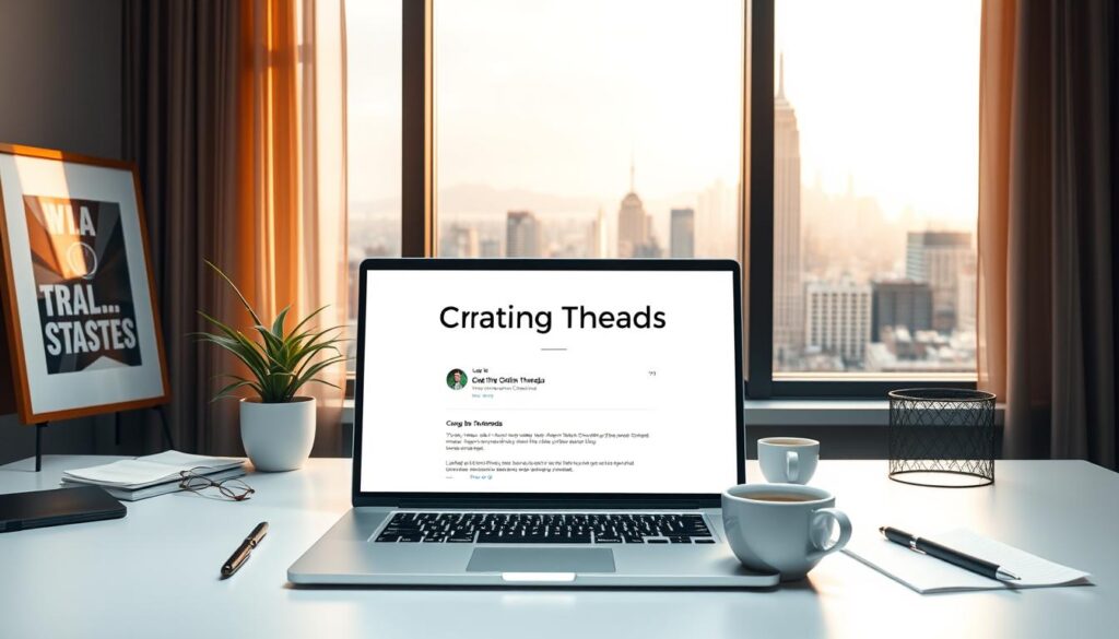 A sleek, modern desktop with a minimalist workspace. In the foreground, a laptop displays a digital "Creating Threads" post, its interface clean and intuitive. Surrounding the laptop, various office supplies like a pen, notepad, and a cup of coffee create a productive ambiance. In the middle ground, a potted plant and a framed piece of art add a touch of personalization. The background features a large window overlooking a bustling city skyline, bathed in warm, natural lighting that filters through sheer curtains. The overall scene conveys a sense of focus, creativity, and inspiration, setting the stage for crafting engaging online discussions.