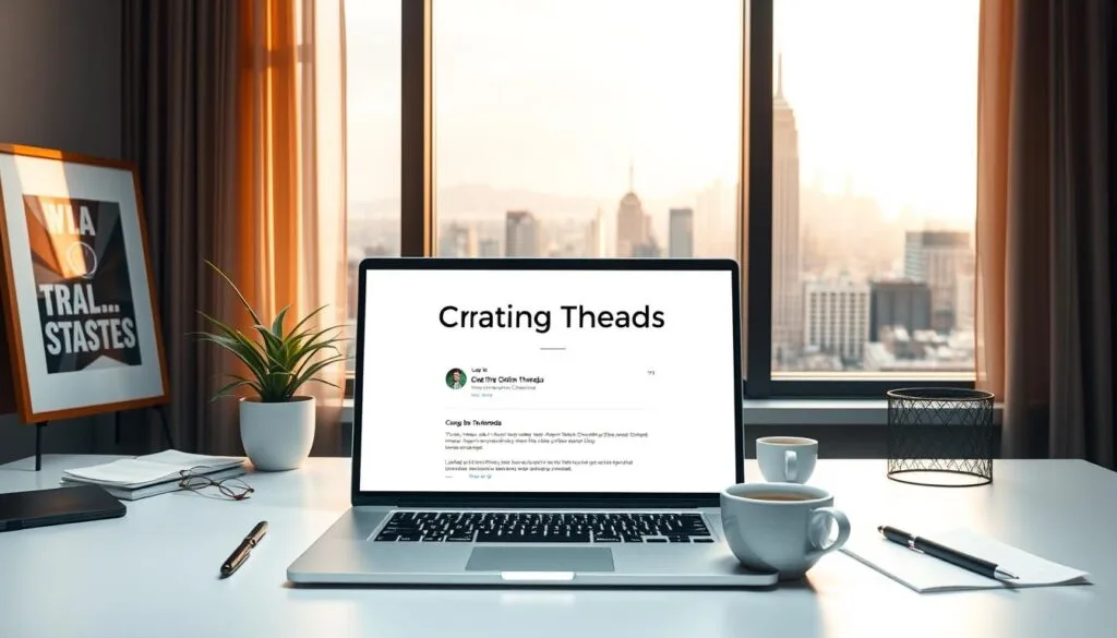 A sleek, modern desktop with a minimalist workspace. In the foreground, a laptop displays a digital "Creating Threads" post, its interface clean and intuitive. Surrounding the laptop, various office supplies like a pen, notepad, and a cup of coffee create a productive ambiance. In the middle ground, a potted plant and a framed piece of art add a touch of personalization. The background features a large window overlooking a bustling city skyline, bathed in warm, natural lighting that filters through sheer curtains. The overall scene conveys a sense of focus, creativity, and inspiration, setting the stage for crafting engaging online discussions. A sleek, modern desktop with a minimalist workspace. In the foreground, a laptop displays a digital "Creating Threads" post, its interface clean and intuitive. Surrounding the laptop, various office supplies like a pen, notepad, and a cup of coffee create a productive ambiance. In the middle ground, a potted plant and a framed piece of art add a touch of personalization. The background features a large window overlooking a bustling city skyline, bathed in warm, natural lighting that filters through sheer curtains. The overall scene conveys a sense of focus, creativity, and inspiration, setting the stage for crafting engaging online discussions.
