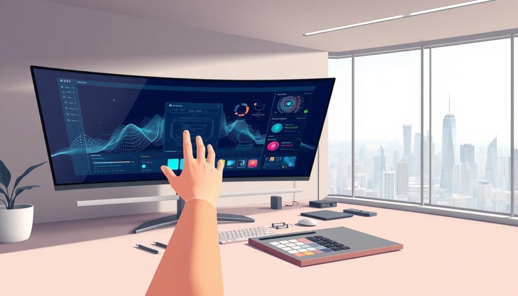 A sleek, modern digital studio with a large, curved ultrawide monitor displaying a generative AI model's user interface. In the foreground, a stylized 3D render of a human hand interacts with the interface, manipulating visual elements. The middle ground features various digital tools and palettes, hinting at the creative process. The background showcases a panoramic cityscape view, with skyscrapers and a vibrant, futuristic skyline. Soft, diffused lighting creates a sense of depth and atmosphere, while a muted, yet sophisticated color palette conveys the cutting-edge nature of image generation technology.