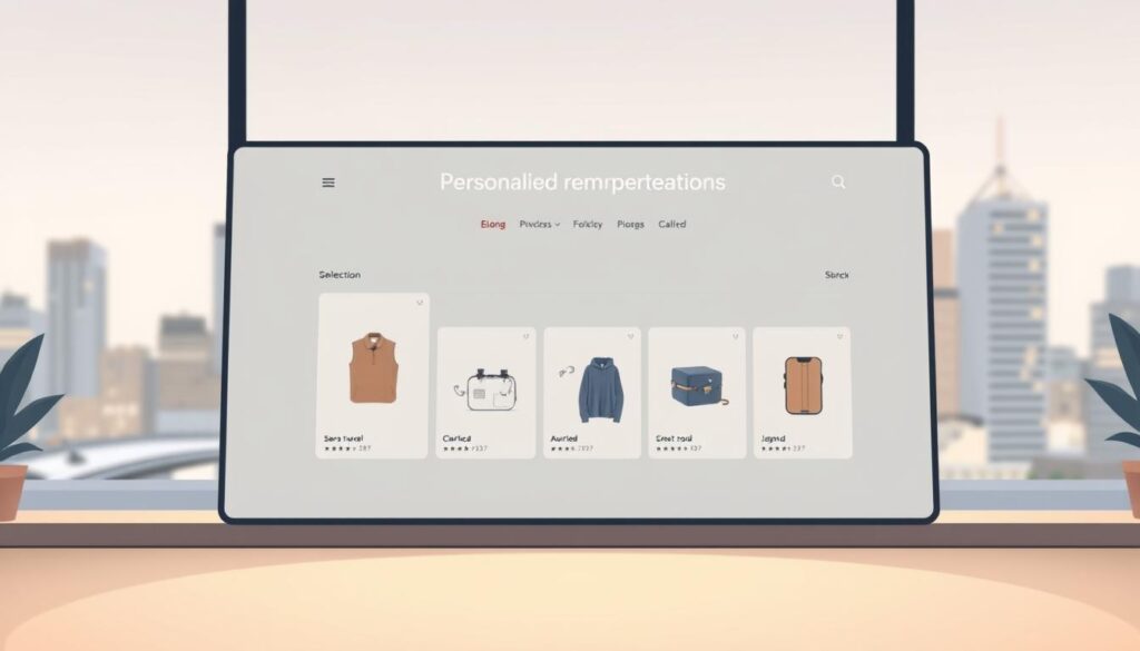 A sleek, modern display showcasing personalized product recommendations. In the foreground, a minimalist interface with clean lines and a neutral color palette, highlighting a selection of carefully curated items. The middle ground features a subtle grid layout, allowing the products to take center stage. In the background, a softly blurred cityscape or abstract pattern sets a sophisticated, tech-forward atmosphere. Indirect lighting casts a warm, inviting glow, creating a sense of depth and atmosphere. The overall composition conveys a sense of tailored, high-quality recommendations that seamlessly integrate with the user's digital experience.