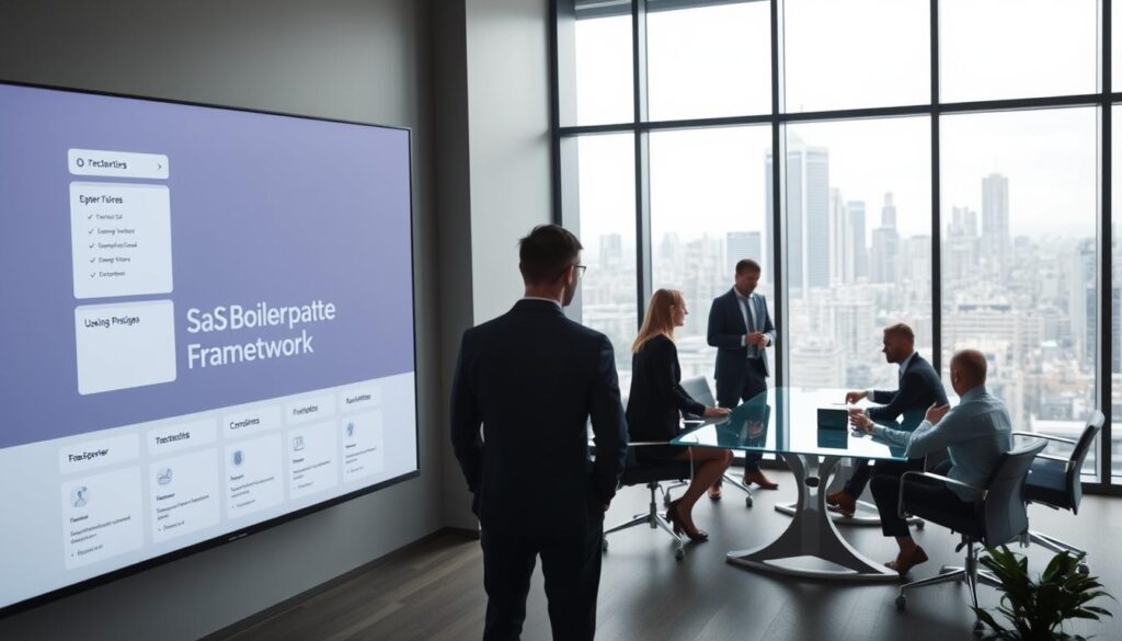 A sleek, modern office interior with a three-tier SaaS boilerplate framework projected on the wall. The foreground features a large monitor displaying a clean, minimalist user interface. In the middle ground, a team of professionals in business casual attire collaborate around a glass conference table, discussing the platform's features. The background showcases floor-to-ceiling windows, letting in natural light and offering a panoramic view of a bustling city skyline. The overall atmosphere is one of efficiency, innovation, and technological prowess, reflecting the capabilities of the SaaS platform.