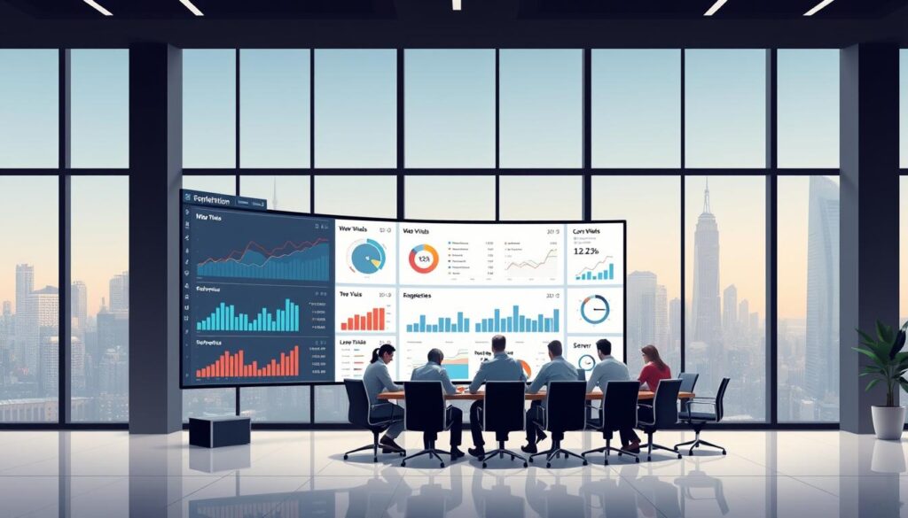 A sleek, modern office interior with floor-to-ceiling windows overlooking a bustling city skyline. In the foreground, a large, curved monitor displays a real-time dashboard of website performance metrics, with graphs, charts, and indicators tracking core web vitals, server response times, and user engagement. The middle ground features a team of data analysts and engineers huddled around a conference table, intently studying the dashboard and discussing optimization strategies. The background is softly lit, with subtle ambient lighting and a minimalist, high-tech aesthetic, conveying a sense of professionalism and precision in the pursuit of web performance excellence.