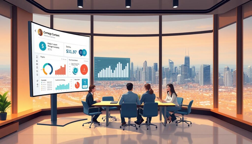 A sleek, modern office setting with a large, curved computer screen in the foreground. The screen displays a data visualization dashboard, featuring personalized content recommendations, engagement metrics, and revenue projections. In the middle ground, a team of marketing professionals collaborates around a conference table, discussing strategies to optimize content personalization. The background showcases a panoramic city skyline, conveying a sense of innovation and progress. The lighting is warm and inviting, creating a productive and goal-oriented atmosphere. The scene is captured using a wide-angle lens, emphasizing the interconnectedness of technology, teamwork, and business growth.