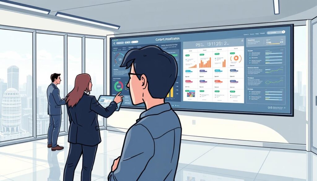 A sleek, modern office setting with a large wall-mounted display showcasing a dynamic, data-driven content personalization dashboard. In the foreground, a user interacts with the interface, their actions reflected in the real-time adjustments to the personalized content grid. The middle ground features a team of AI analysts monitoring and fine-tuning the personalization algorithms, their expressions focused and intent. The background presents a panoramic view of the city skyline, symbolizing the far-reaching impact of this AI-driven content personalization system. The lighting is soft and natural, creating a sense of technological sophistication. The overall mood is one of efficiency, precision, and the seamless integration of human and artificial intelligence.