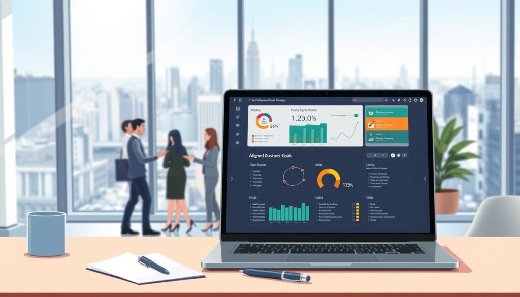 A sleek, modern office setting with clean lines and natural lighting. In the foreground, a laptop screen displays a dashboard with neatly organized key performance indicators (KPIs) and aligned business goals. On the desk, a pen, notepad, and coffee mug create a sense of purposeful productivity. The middle ground features a team of professionals engaged in a collaborative discussion, gesturing towards the screen. In the background, floor-to-ceiling windows offer a panoramic view of a bustling cityscape, symbolizing the broader context in which the business operates. The overall atmosphere conveys a sense of focus, strategic alignment, and a commitment to data-driven decision-making.