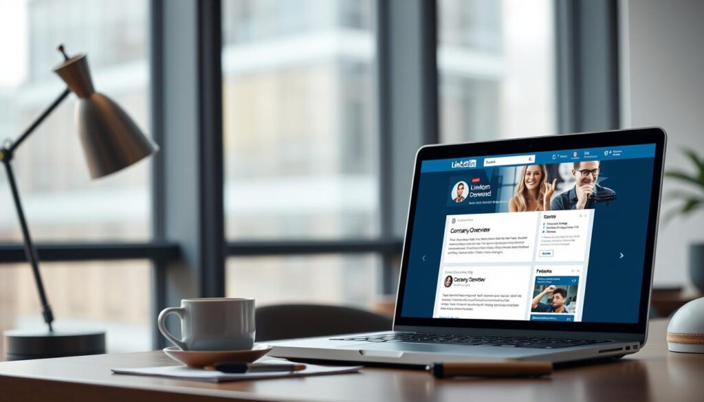 A sleek, modern office space with a large window showcasing a laptop displaying a LinkedIn company page. The foreground features a stylish desk with a minimalist lamp, a cup of coffee, and a pen and notepad. The middle ground highlights the laptop screen, with the LinkedIn page optimized for search and discovery, featuring a professional company logo, compelling company overview, and strategic use of keywords. The background is softly blurred, creating a depth of field and a sense of focus on the optimized LinkedIn presence. The overall mood is one of professionalism, productivity, and digital marketing prowess.