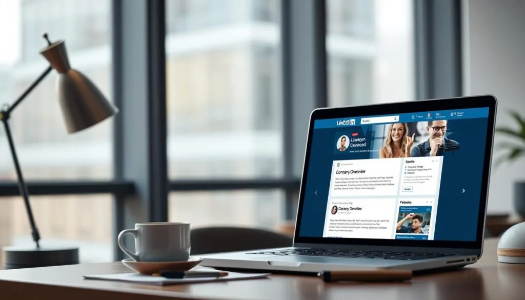 A sleek, modern office space with a large window showcasing a laptop displaying a LinkedIn company page. The foreground features a stylish desk with a minimalist lamp, a cup of coffee, and a pen and notepad. The middle ground highlights the laptop screen, with the LinkedIn page optimized for search and discovery, featuring a professional company logo, compelling company overview, and strategic use of keywords. The background is softly blurred, creating a depth of field and a sense of focus on the optimized LinkedIn presence. The overall mood is one of professionalism, productivity, and digital marketing prowess. A sleek, modern office space with a large window showcasing a laptop displaying a LinkedIn company page. The foreground features a stylish desk with a minimalist lamp, a cup of coffee, and a pen and notepad. The middle ground highlights the laptop screen, with the LinkedIn page optimized for search and discovery, featuring a professional company logo, compelling company overview, and strategic use of keywords. The background is softly blurred, creating a depth of field and a sense of focus on the optimized LinkedIn presence. The overall mood is one of professionalism, productivity, and digital marketing prowess.