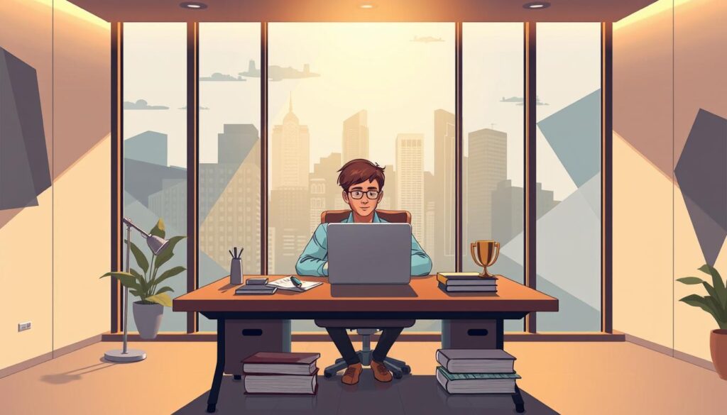 A sleek, modern office workspace with a large window overlooking a cityscape. In the center, a person sits at a desk, intently studying a laptop screen. The room is bathed in warm, directional lighting from above, casting subtle shadows and highlighting the person's focused expression. On the desk, various objects symbolize expertise and authority - reference books, a pen holder, a small trophy or award. The background features abstract, geometric shapes in shades of blue and gray, suggesting the analytical, data-driven nature of topical authority. The overall scene conveys a sense of professionalism, credibility, and deep subject matter knowledge.