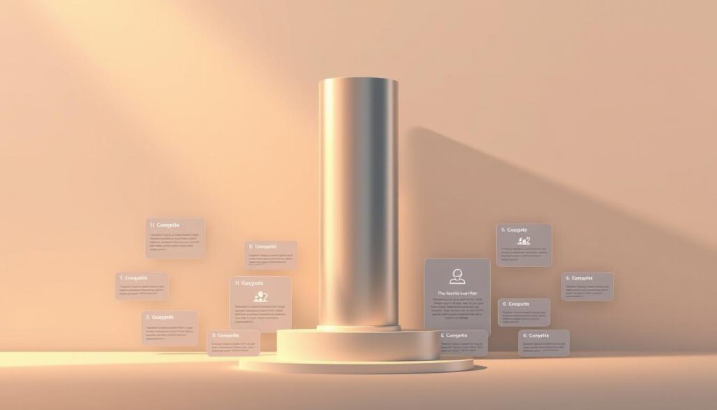 A sleek, modern pillar page design with a clean, minimalist aesthetic. The page is centered on a prominent central pillar, rendered in a smooth, metallic material that reflects the lighting in the scene. Surrounding the pillar are clusters of related content blocks, each with a distinct icon or visual element to denote its topic. The overall layout is grid-based, with ample negative space to create a sense of balance and hierarchy. The lighting is warm and directional, casting soft shadows that add depth and dimension to the design. The color palette is muted, with accents of a brand-appropriate hue to create visual interest. The mood is one of authority, professionalism, and clarity of information.