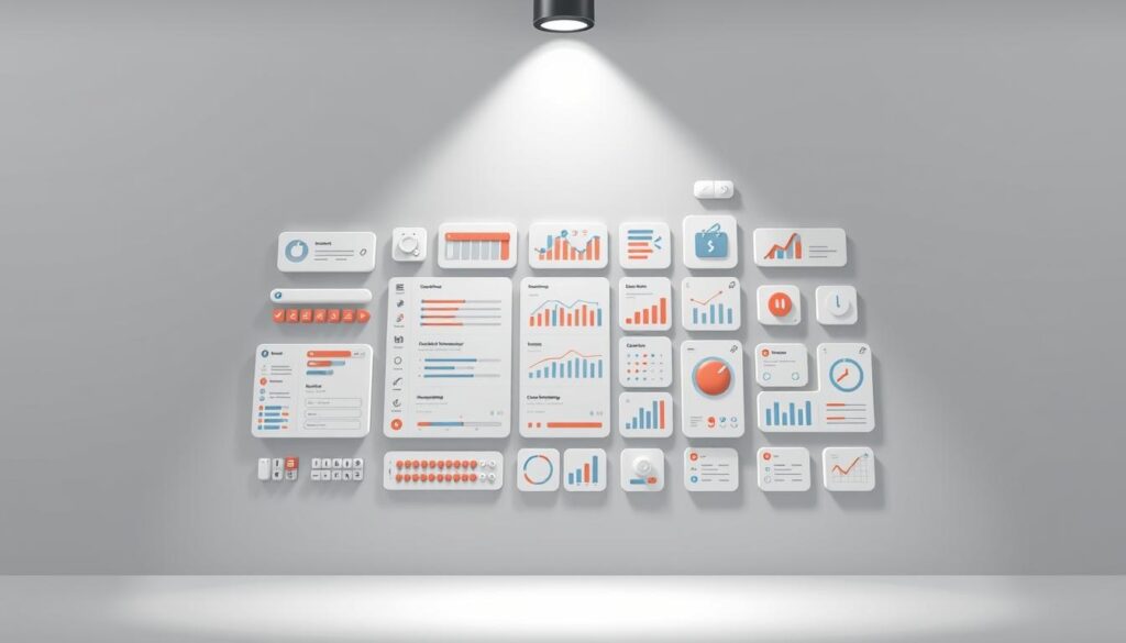A sleek, modern toolkit of essential app features for in-app social commerce, arranged on a minimalist, monochrome background. Centered is a clean grid layout showcasing a variety of UI elements like buttons, sliders, drop-down menus, and visual analytics. The lighting is soft and diffused, creating an inviting, professional atmosphere. The angle is slightly elevated, giving a birds-eye view of the toolkit, emphasizing its comprehensive nature. The overall mood is one of efficiency, organization, and the powerful capabilities required to drive successful in-app social selling.