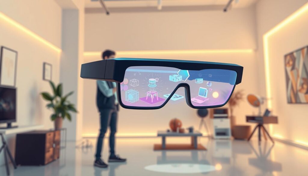 A sleek, ultra-modern pair of smart glasses levitates elegantly in the foreground, with a holographic display projecting vivid, interactive visuals. In the middle ground, a creator experiments with digital design tools, manipulating 3D models and virtual assets with intuitive hand gestures. The background depicts a futuristic, minimalist studio space, bathed in warm, ambient lighting that casts a soft, ethereal glow. The overall scene conveys a sense of seamless integration between advanced technology and creative expression, showcasing the transformative potential of Meta's smart glass capabilities for visionary creators.