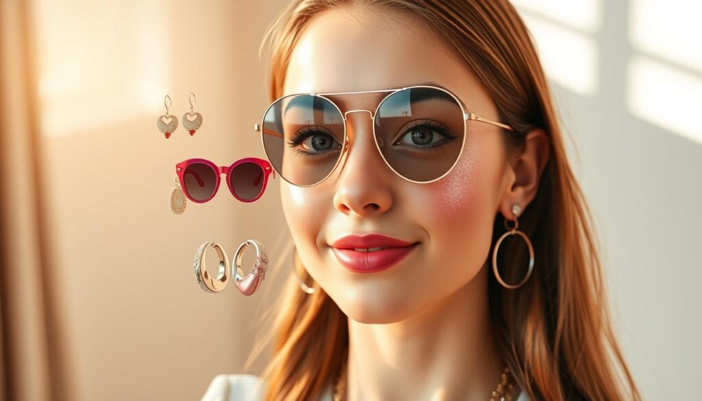 A social media platform's virtual try-on experience. In the foreground, a young woman's face is visible, augmented by a shimmering, reflective AR filter that seamlessly blends with her features. The middle ground showcases various virtual accessories - earrings, sunglasses, and makeup - hovering around her, allowing her to experiment with different styles. The background is a softly blurred, minimalist setting, drawing the viewer's attention to the interactive, immersive nature of the virtual try-on. Warm, natural lighting illuminates the scene, creating a welcoming and inviting atmosphere. The overall impression is one of effortless, personalized digital fashion exploration.
