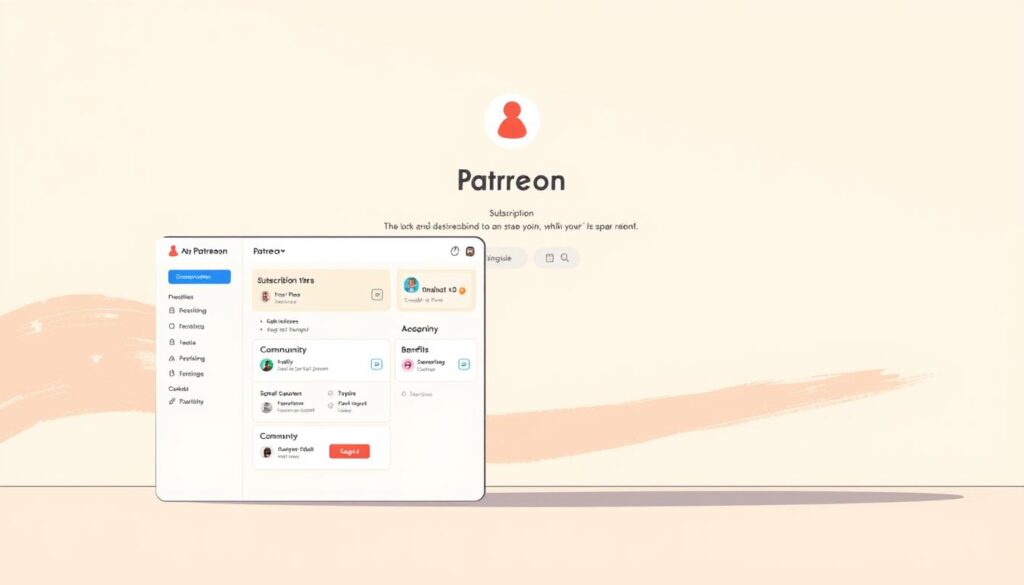 A sophisticated Patreon subscription interface set against a clean, minimalist backdrop. In the foreground, a sleek and intuitive dashboard showcases subscription tiers, benefits, and community engagement tools. The mid-ground features elegant typography and iconography, guiding users through the seamless sign-up and payment process. The background subtly hints at the creative potential of the platform, with abstract brushstrokes and a soft, warm lighting that evokes a sense of artistic inspiration. The overall composition is modern, inviting, and reflective of Patreon's position as a premier destination for creators to build sustainable, direct-to-fan relationships.