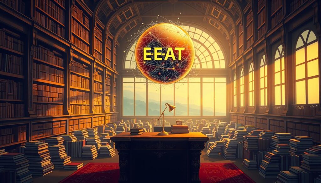 A sprawling library, its towering shelves bathed in warm, golden light, casting a sense of timeless authority. In the foreground, a grand, ornate desk commands attention, evoking the weight of knowledge and erudition. Floating above it, a shimmering sphere of data, pulsing with insights and connections, a visual representation of the E-E-A-T framework that Google uses to evaluate topical authority. The middle ground is filled with clusters of books, each a wellspring of expertise, arranged in a visually striking, geometric pattern. In the background, a vast window offers a glimpse of a serene, contemplative landscape, hinting at the depth and breadth of the subject matter. The overall atmosphere exudes a sense of scholarly rigor, intellectual gravitas, and the kind of authoritative command that truly great content must possess.