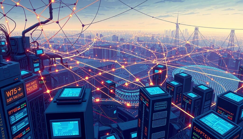 A sprawling network of interconnected data sources, pulsing with the energy of query fan-out. In the foreground, a sleek array of AI-driven servers, their screens flickering with real-time data streams. The middle ground features a dynamic visualization, with lines and arrows tracing the intricate pathways of information exchange. In the background, a softly lit cityscape, hinting at the global scale of this intelligent ecosystem. Crisp, high-contrast lighting illuminates the technical details, casting dramatic shadows that convey the power and complexity of this AI-powered system. An aura of precision and efficiency pervades the scene, reflecting the seamless integration of algorithms and infrastructure.