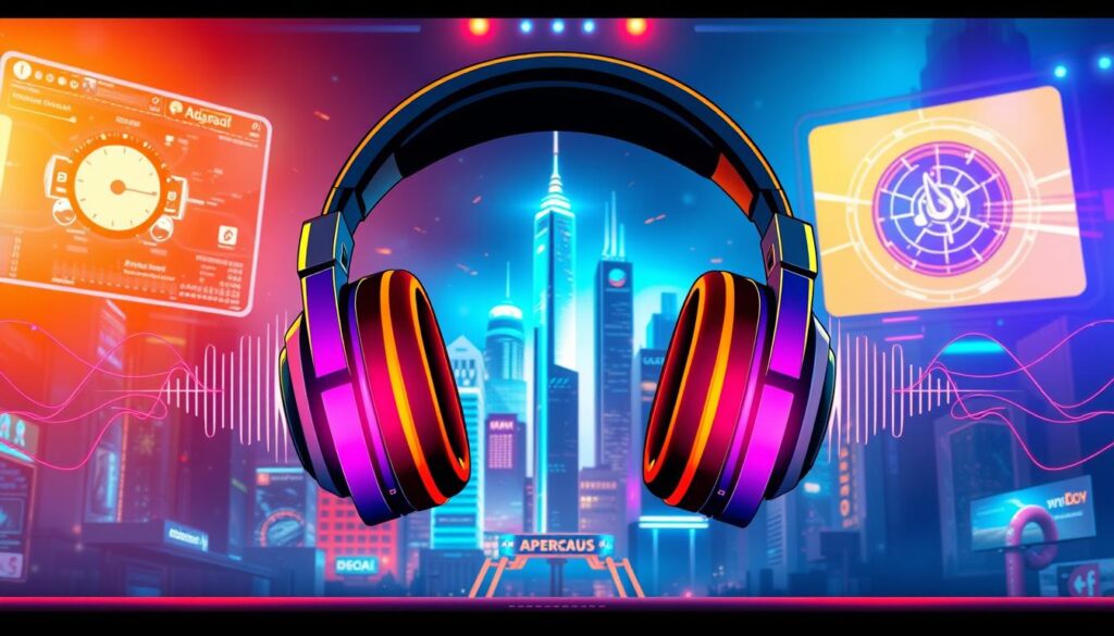 A striking image of audio advertising in a dynamic, technologically-advanced setting. In the foreground, a pair of stylized, high-fidelity headphones emit captivating soundwaves, representing the powerful medium of audio. The middle ground showcases a vibrant, futuristic cityscape, with towering skyscrapers and holographic displays, symbolizing the digital landscape of modern advertising. In the background, a dramatic lighting setup, with a blend of warm and cool tones, creates an immersive, cinematic atmosphere, heightening the sense of technological innovation and creative potential. The overall composition conveys the essence of audio advertising - captivating, immersive, and at the forefront of the digital age.