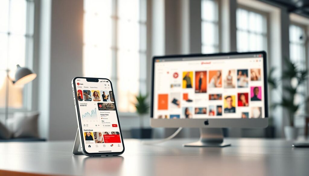 A stunning Pinterest marketing scene with a clean, modern aesthetic. In the foreground, a sleek smartphone displays a Pinterest dashboard, showcasing analytics and trending pins. In the middle ground, a desktop computer shows a Pinterest business account, with carefully curated boards and vibrant product pins. The background features a minimalist office setting, with large windows letting in warm, natural lighting. The overall mood is one of efficiency, organization, and the power of visual content to drive business growth.