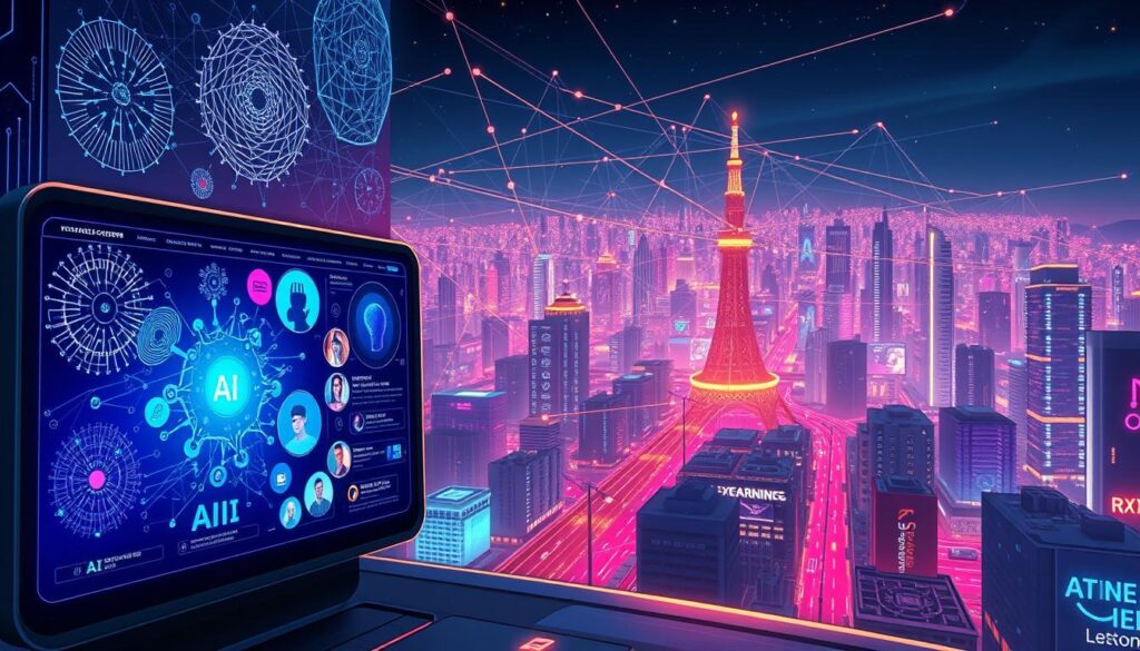 A stunning digital art illustration depicting the concept of AI-generated content. In the foreground, a sleek, futuristic display interface showcases a variety of AI-created visual assets - from abstract generative patterns to photorealistic images of people, landscapes, and objects. In the middle ground, a maze of interconnected neural networks and data streams weaves a complex tapestry, hinting at the powerful machine learning algorithms that power this content creation. The background is a vibrant, neon-lit cityscape, representing the ubiquity of AI-generated content across social media, advertising, and digital platforms. The scene is illuminated by a warm, cinematic lighting that casts a sense of wonder and technological advancement. Rendered with a sharp, high-resolution aesthetic that captures the cutting-edge nature of this emerging trend.
