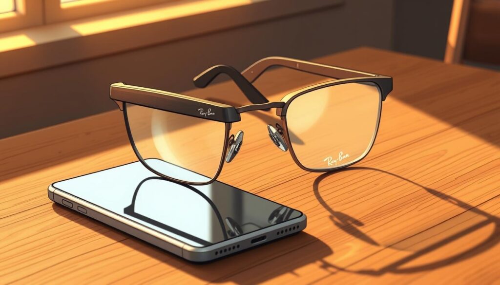 A stylish pair of Ray-Ban Meta smart glasses sits on a wooden table, bathed in warm, golden light. The sleek, angular frames feature a subtle, brushed metal finish, with a discreet camera and sensor array embedded seamlessly into the temple. The lenses reflect the refined, contemporary aesthetic, hinting at the advanced technological capabilities within. The glasses are positioned alongside a minimalist, modern smartphone, suggesting the seamless integration of the smart eyewear with digital devices. The overall scene conveys a sense of sophistication, innovation, and the future of wearable tech.