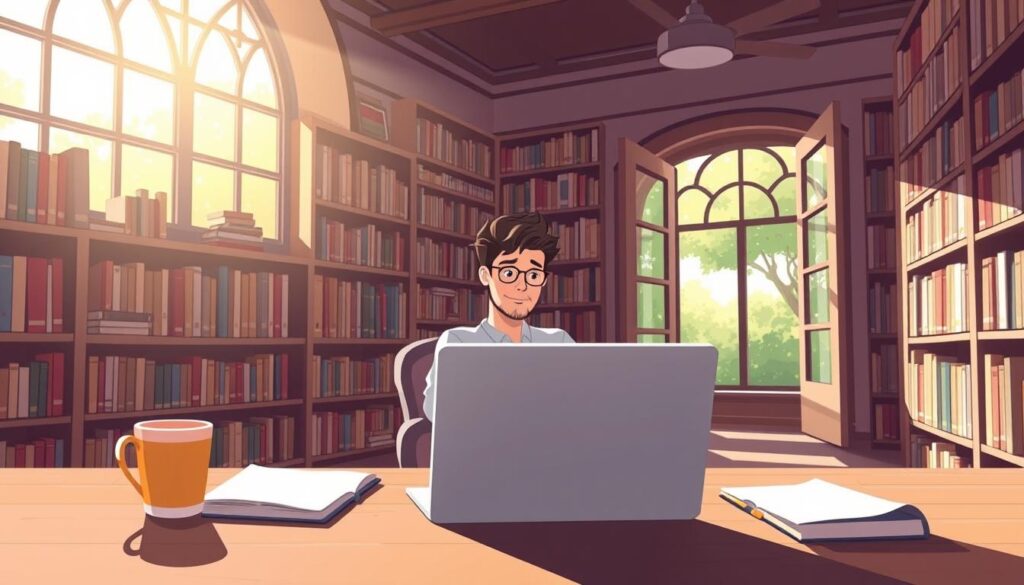 A sun-drenched library, shelves brimming with books, offering a sanctuary of knowledge and insight. In the foreground, a desk with a laptop, notes, and a warm cup of coffee, suggesting focused, thoughtful content creation. The middle ground features a person sitting comfortably, engrossed in research, their expression radiating a sense of discovery and understanding. The background depicts a window framing a serene, lush outdoor scene, hinting at the depth and breadth of the subject matter. Soft, diffused lighting and a cozy, inviting atmosphere evoke a sense of helpful, authoritative content that satisfies the user's search intent.