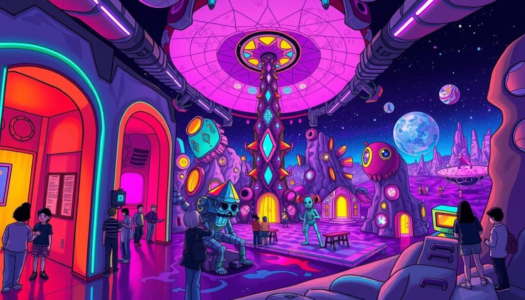 A surreal, immersive art installation in the heart of Las Vegas, showcasing Meow Wolf's signature multidimensional storytelling. Vibrant, neon-drenched corridors lead to a captivating, otherworldly realm, where fantastical sculptures and interactive displays captivate the senses. Visitors explore a labyrinth of interconnected rooms, each with its own distinct atmosphere and narrative. Ambient lighting casts a dreamlike glow, while intricate details and hidden passages invite deeper discovery. The foreground features a towering, kaleidoscopic sculpture, its faceted surfaces reflecting the changing perspectives of the space. In the middle ground, visitors navigate through a surreal landscape of undulating forms and vibrant hues. The background depicts a vast, cosmic expanse, hinting at the boundless possibilities of Meow Wolf's multiversal worlds.
